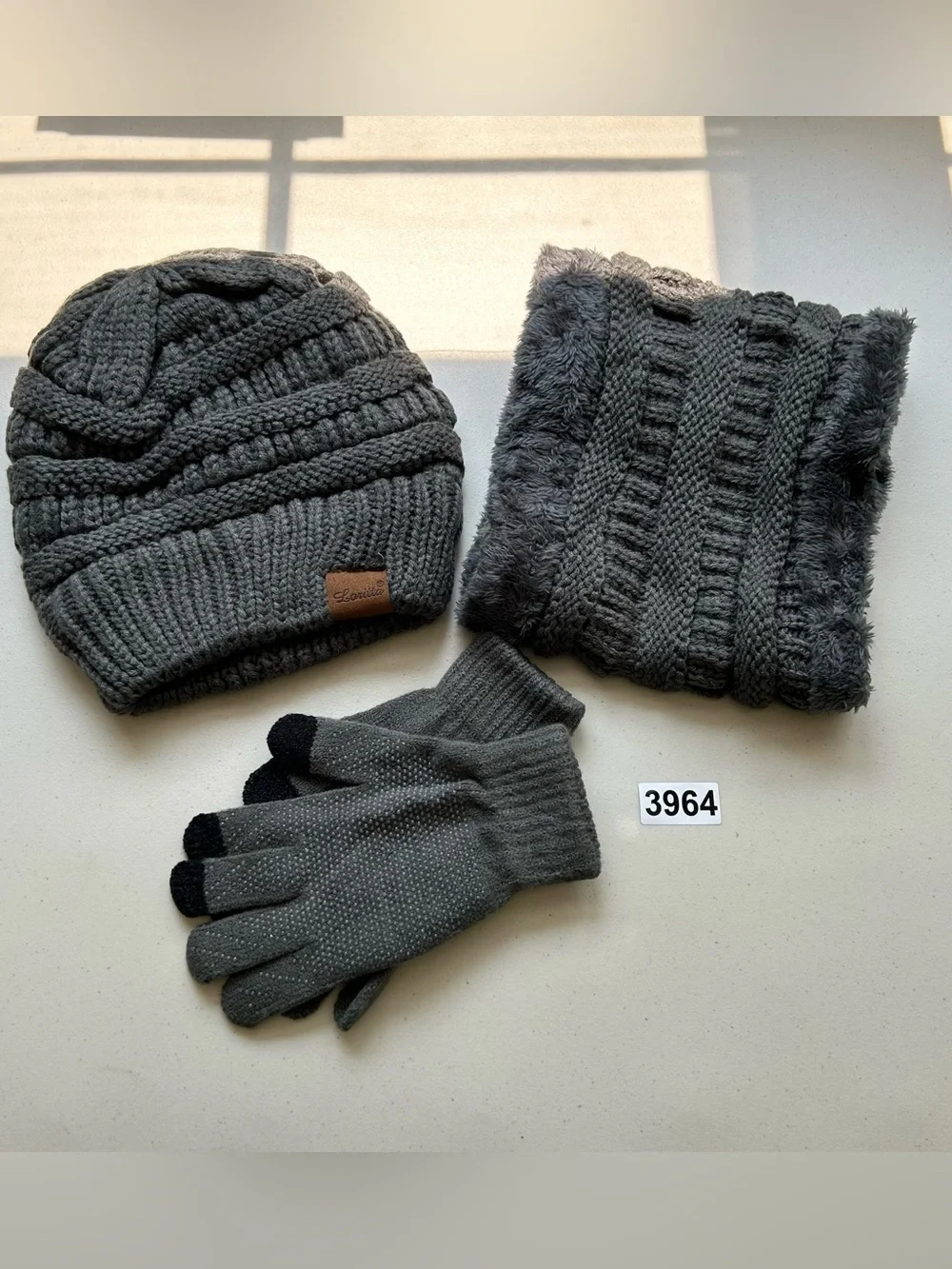 Loritta Gray Winter Beanie Neck Warmer Gloves Set Women's Soft Knit Gift Set